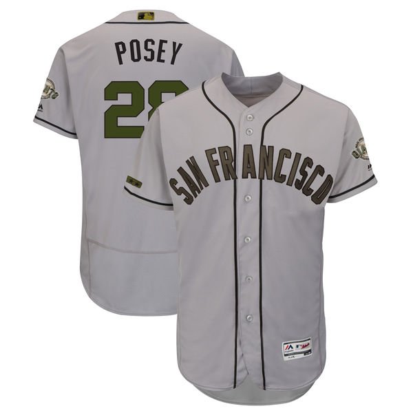 Men's San Francisco Giants #28 Buster Posey Majestic Gray 2018 Memorial Day Collection Flex Base Player MLB Jersey