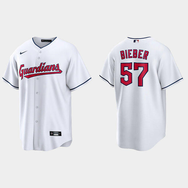 Men's Cleveland Guardians #57 Shane Bieber White Home MLB Jersey