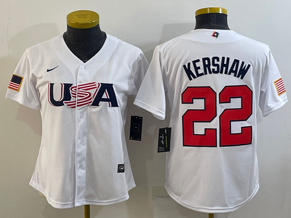 Women's Los Angeles Dodgers #22 Clayton Kershaw 2023 World Baseball Classic White USA Jersey