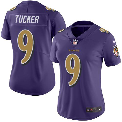 Women's Nike Baltimore Ravens #9 Justin Tucker PurpleStitched NFL Limited Rush Jersey