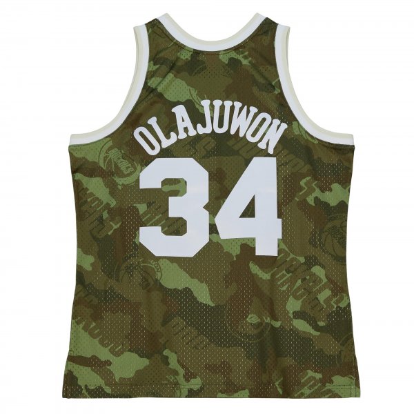 Men's Houston Rockets Hakeem Olajuwon Mitchell & Ness Camo Hardwood Classics 1993/94 Ghost Green Swingman Jersey