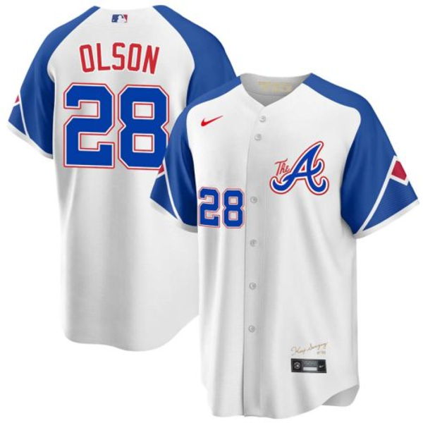 Men's Atlanta Braves #28 Matt Olson White 2023 City Connect Cool Base Jersey