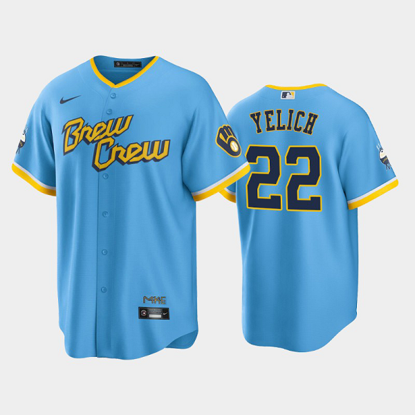 Men's Milwaukee Brewers 2022 City Connect #22 Christian Yelich Powder Blue Cool Base MLB Jersey