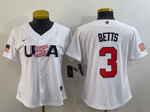 Women's Los Angeles Dodgers #3 Mookie Betts 2023 World Baseball Classic White USA Jersey