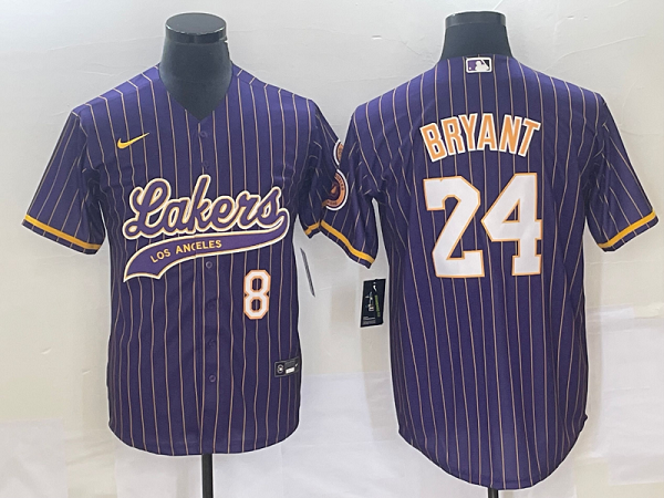 Men's Los Angeles Lakers #24 Kobe Bryant Purple Strips Baseball Jersey