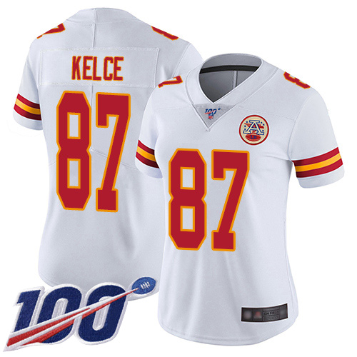 Women's Kansas City Chiefs #87 Travis Kelce WhiteStitched NFL 100th Season Vapor Limited Jersey