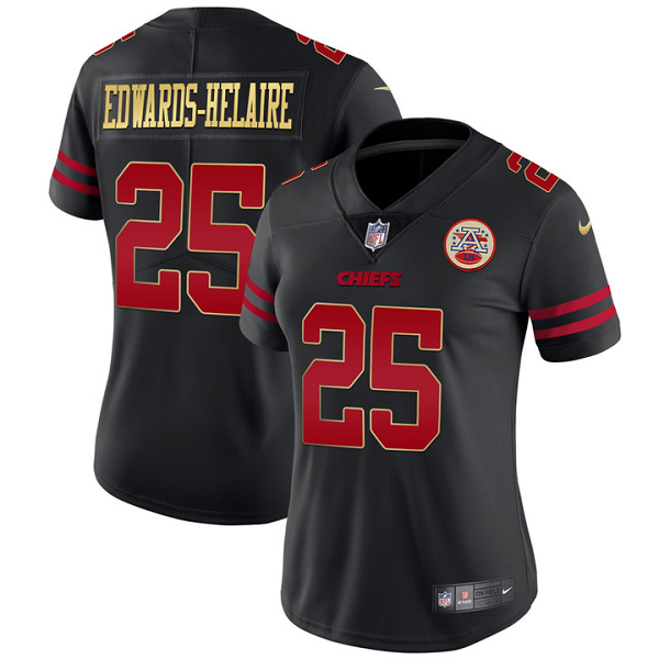 Women's Kansas City Chiefs #25 Clyde Edwards-Helaire Black Gold Trim Vapor All Stitched Jersey