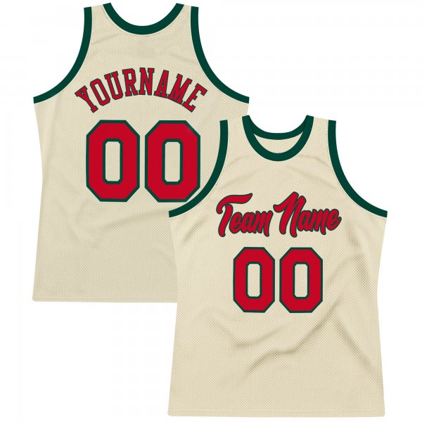 Men's Custom Cream Red-Hunter Green Authentic Throwback Basketball Jersey