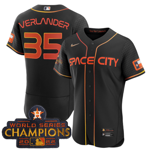 Men's Houston Astros #35 Justin Verlander 2023 Space City Champions Flex Base Black Jersey