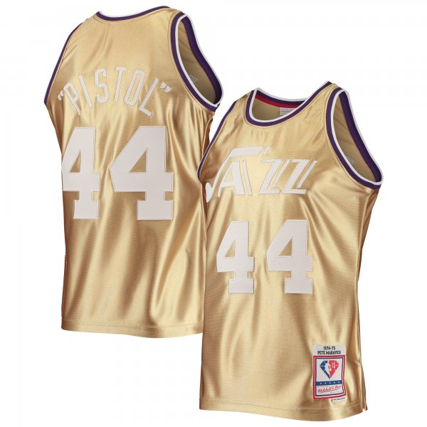 Men's New Orleans Jazz Pete Maravich Gold Mitchell & Ness 75th Anniversary 1974/75 Hardwood Classics Swingman Jersey