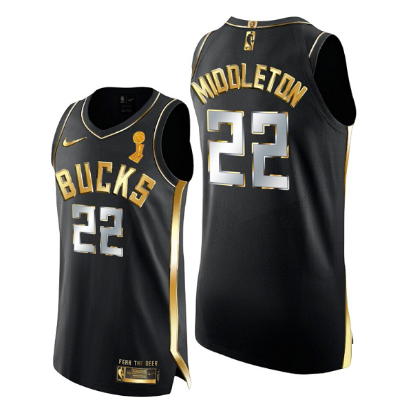 Men's Nike Milwaukee Bucks #22 Khris Middleton 2021 NBA Finals Champions Golden Edition Black Jersey