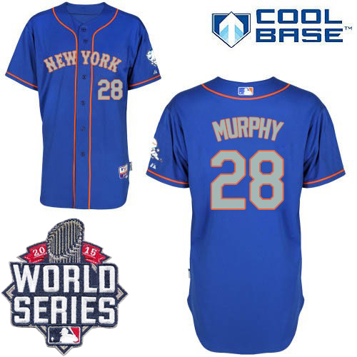 New York Mets #28 Daniel Murphy Blue(Grey NO.) Alternate Road Cool Base W/2015 World Series Patch Stitched MLB Jersey