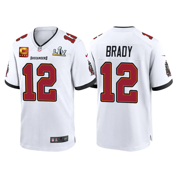 Buccaneers #12 Tom Brady White Super Bowl LV Captain Patch Game Men's Jersey