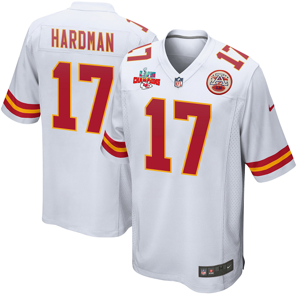 Mecole Hardman #17 Kansas City Chiefs Super Bowl LVII Champions 3 Stars Men's Game White NFL Jersey