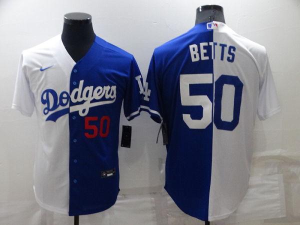 Men's Los Angeles Dodgers #50 Mookie Betts Royal-White Split Cool Base MLB Stitched Jersey