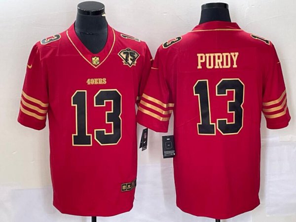 Men's San Francisco 49ers #13 Brock Purdy Red 75th Patch Golden Edition Stitched Nike Limited Jersey