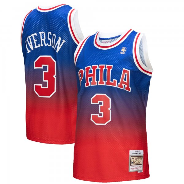 Men's Philadelphia 76ers Allen Iverson Mitchell & Ness Red/Royal 1996/97 Hardwood Classics Fadeaway Swingman Player Jersey