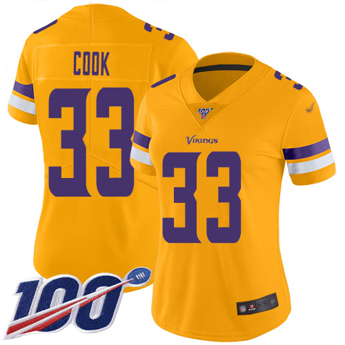 Women's Minnesota Vikings #33 Dalvin Cook GoldStitched NFL Limited Inverted Legend 100th Season Jersey