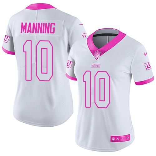 Nike New York Giants #10 Eli Manning White/Pink Women's Stitched NFL Limited Rush Fashion Jersey