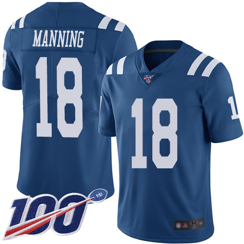 Men's Indianapolis Colts #18 Peyton Manning Royal Blue Stitched NFL Limited Rush 100th Season Jersey