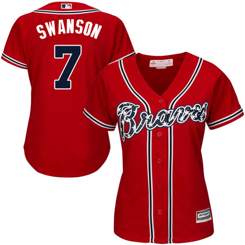 Atlanta Braves #7 Dansby Swanson Red Alternate Womens Stitched MLB Jersey