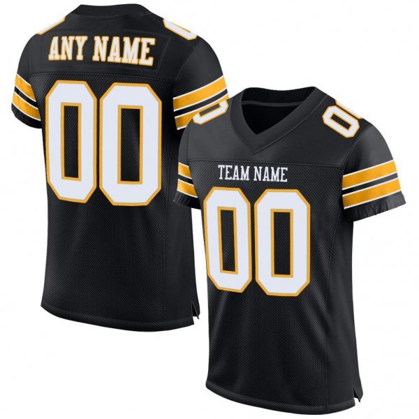 Men's Custom Black White-Gold Mesh Authentic Football Jersey