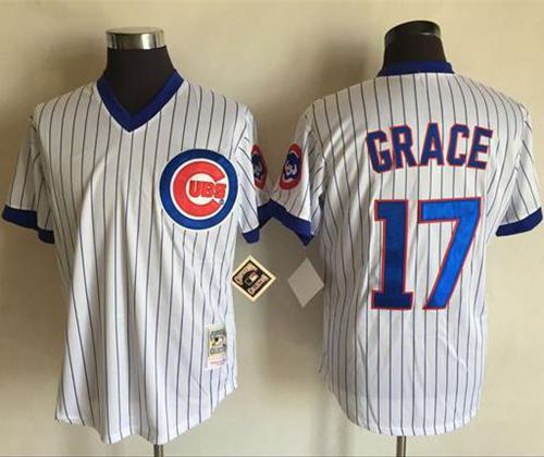 Mitchell And Ness Chicago Cubs #17 Mark Grace White(Blue Strip) Throwback Stitched MLB Jersey