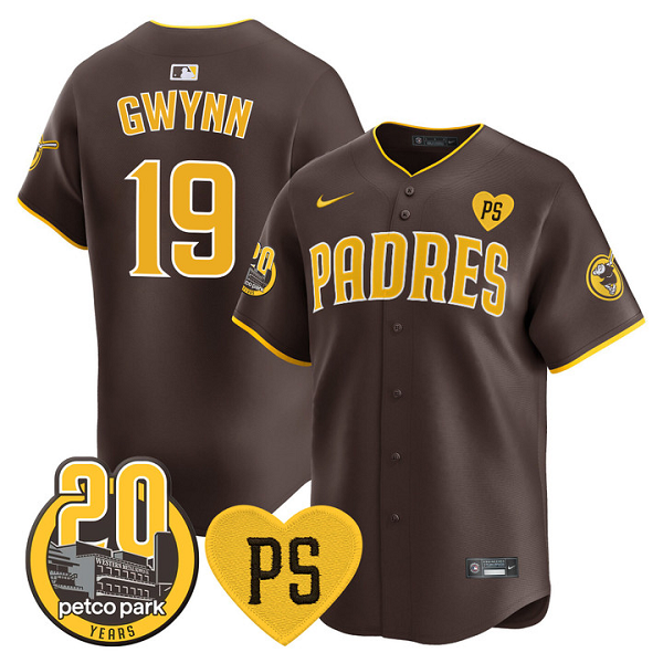 Men's San Diego Padres #19 Tony Gwynn For Peter & Petco Park 20th Patch Vapor Premier Limited All Stitched Cool Base Jersey