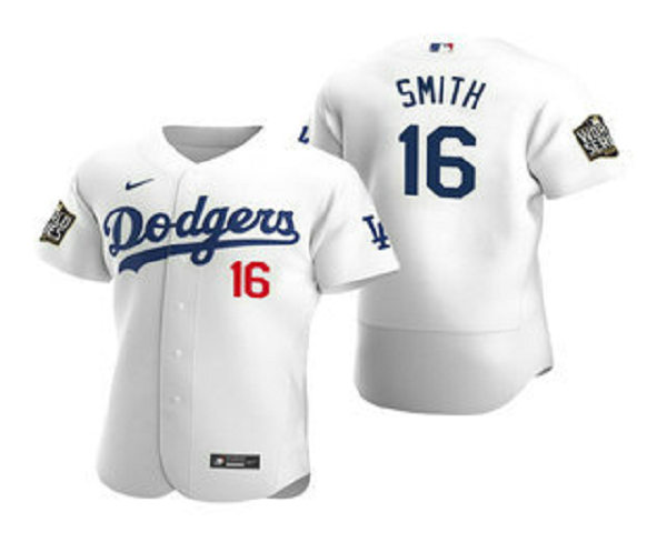 Men's Los Angeles Dodgers #16 Will Smith White 2020 World Series Flex Base Nike Jersey