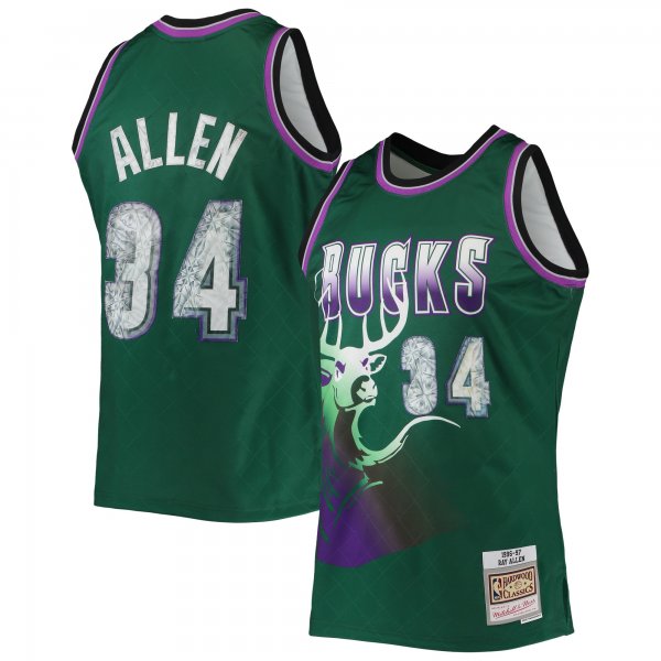 Men's Milwaukee Bucks Ray Allen Mitchell & Ness Green 1996/97 Hardwood Classics NBA 75th Anniversary Diamond Swingman Jersey