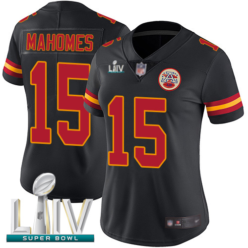 Kansas City Chiefs #15 Patrick Mahomes Black Super Bowl LIV Bound Women's Stitched NFL Limited Rush Jersey