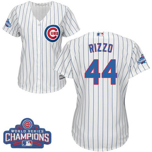 Chicago Cubs #44 Anthony Rizzo White(Blue Strip) Home 2016 World Series Champions Women's Stitched MLB Jersey