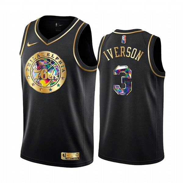 Men's Philadelphia 76ers #3 Allen Iverson 2021/22 Black Golden Edition 75th Anniversary Diamond Logo Stitched NBA Jersey