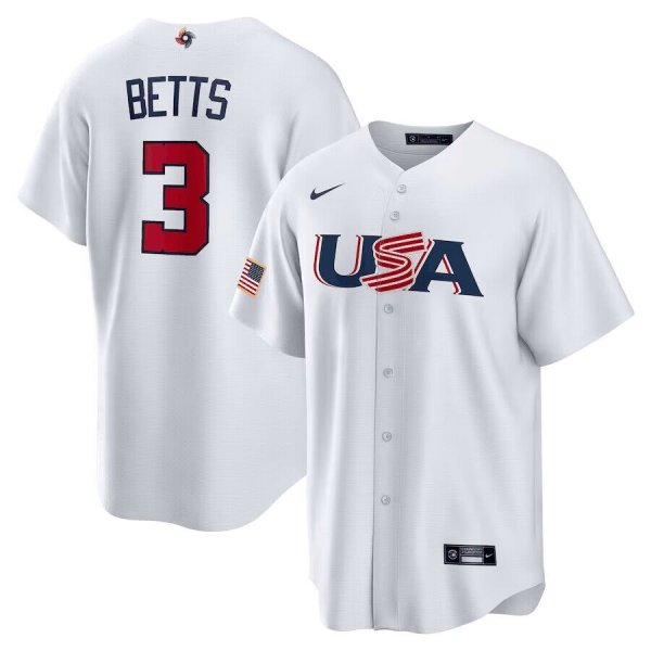 Los Angeles Dodgers #3 Mookie Betts 2023 World Baseball Classic White  Men's USA Jersey