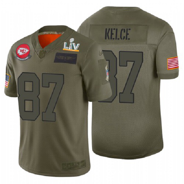 Men's Kansas City Chiefs Travis Kelce Camo 2019 Salute to Service 2021 Super Bowl LV Jersey