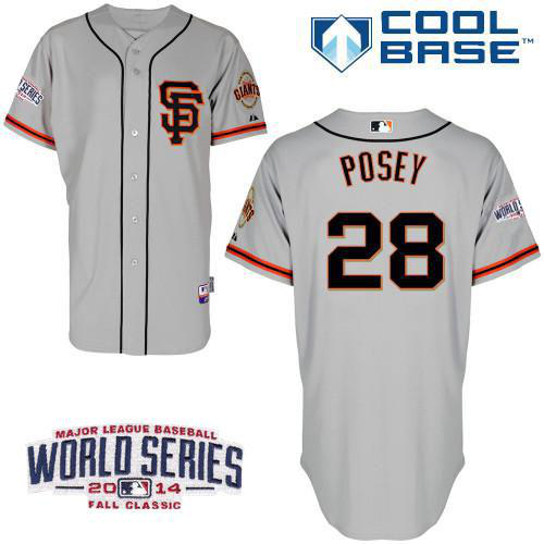 San Francisco Giants #28 Buster Posey Grey Cool Base Road 2 W/2014 World Series Patch Stitched MLB Jersey