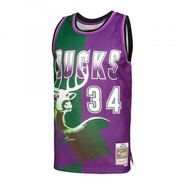 Men's Milwaukee Bucks Ray Allen Mitchell & Ness Green/Purple Hardwood Classics 1996/97 Split Swingman Jersey