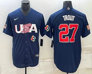 Men's USA Baseball #27 Mike Trout 2023 Navy World Baseball Classic Stitched Jersey