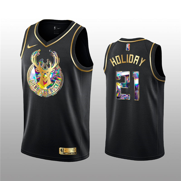 Men's Milwaukee Bucks #21 Jrue Holiday 2021/22 Black Golden Edition 75th Anniversary Diamond Logo Stitched NBA Jersey